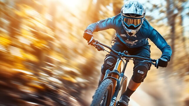 Downhill mountain biker in equipment going fast in the bike park trail : Generative AI