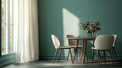 Dining table with chairs near sage green wall indoors Interior design : Generative AI