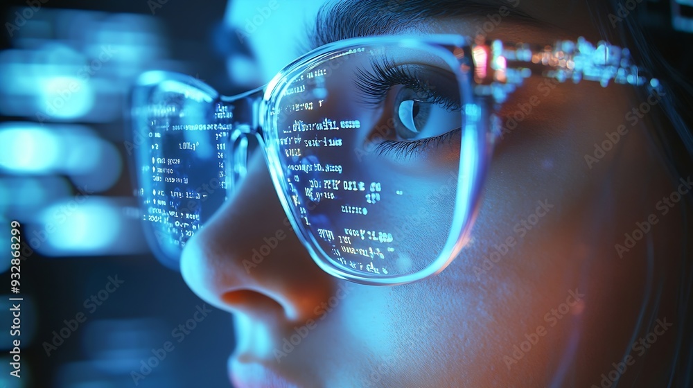 Poster Software coding hologram and woman in data analytics information technology and gdpr overlay Programmer or IT person in glasses reading script programming and cybersecurity research on : Generative AI