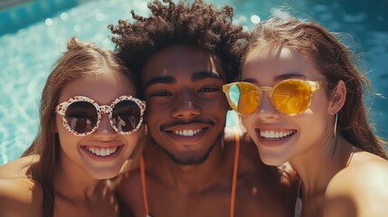 Friends portrait and selfie in backyard on holiday and get together or hangout with peace sign on social media Excited young people in group profile picture for bonding gen z and diver : Generative AI