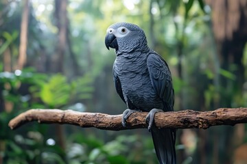 African grey parrot perching on branch in jungle