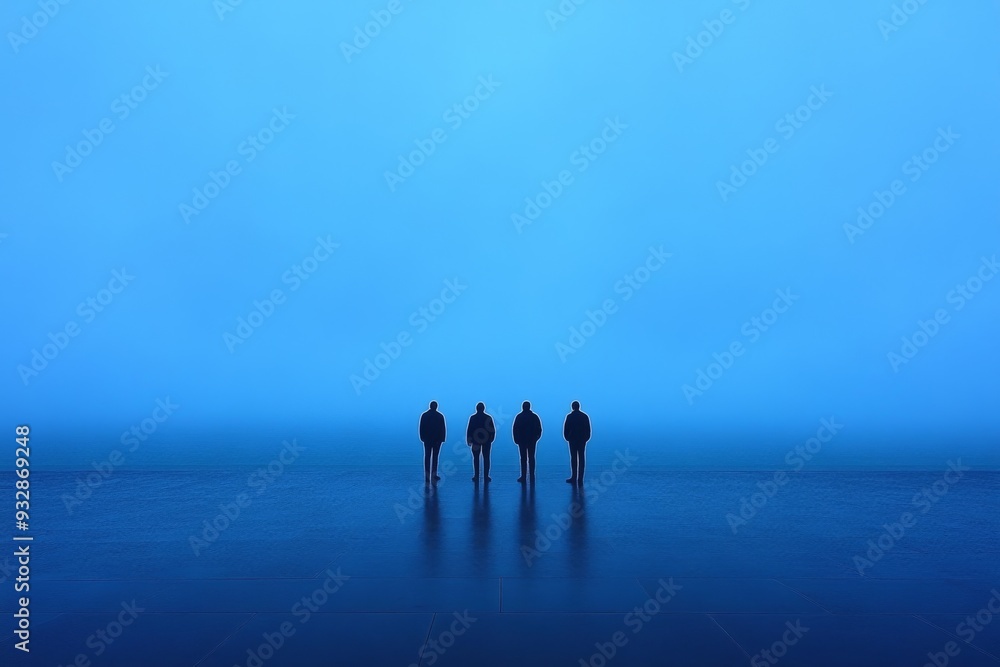 Poster a minimalist and tranquil image of three figures walking along a misty blue horizon evoking themes o
