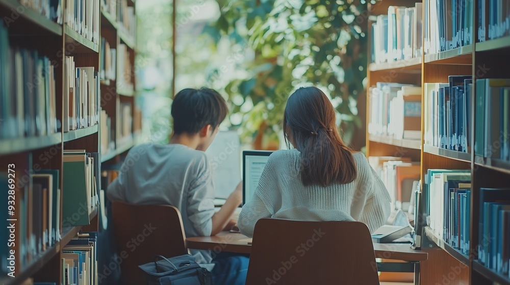 Poster Students group and happy in library for education learning and reading test results or news on computer Young college people on laptop for solution research or studying with support he : Generative AI