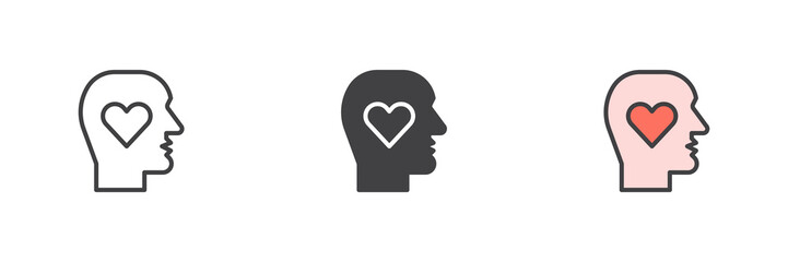 Head with heart different style icon set