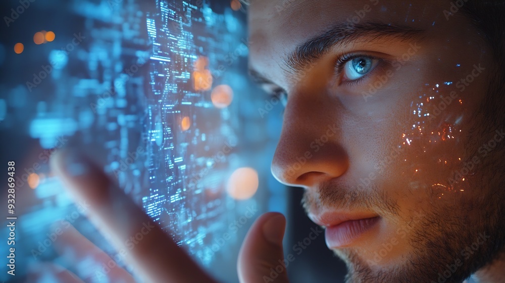 Aufkleber Chat with AI or Artificial Intelligence technology Man touching chatting virtual with an intelligent artificial intelligence asks for answers he wants Smart assistant futuristic Chatbo : Generative AI