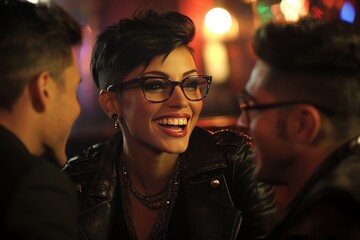 A dynamic and vibrant nightlife scene featuring a fashionable woman laughing with friends at a bar capturing the energy excitement and social connection of a night out in the city