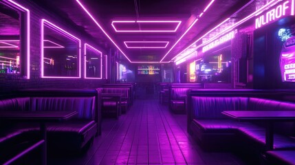 Fototapeta premium Purple neon lights illuminating a dark room, futuristic and vibrant, urban nightlife