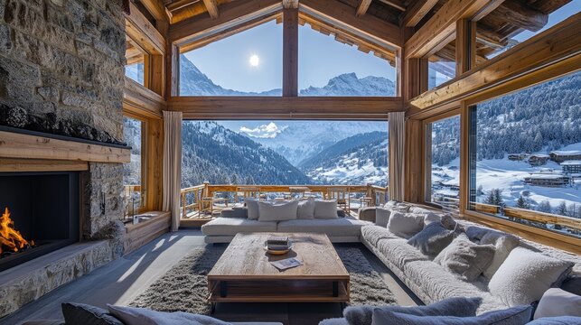 Luxury chalet interior with fireplace burning and overlooking snowy mountain peaks