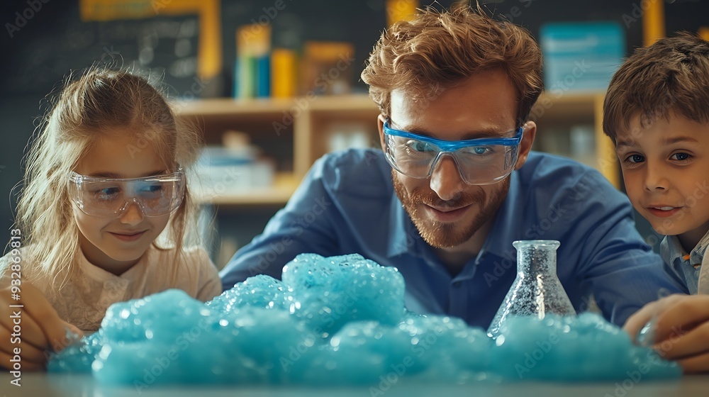 Poster science teacher and students in classroom with slime for experiment education and happy kid chemistr