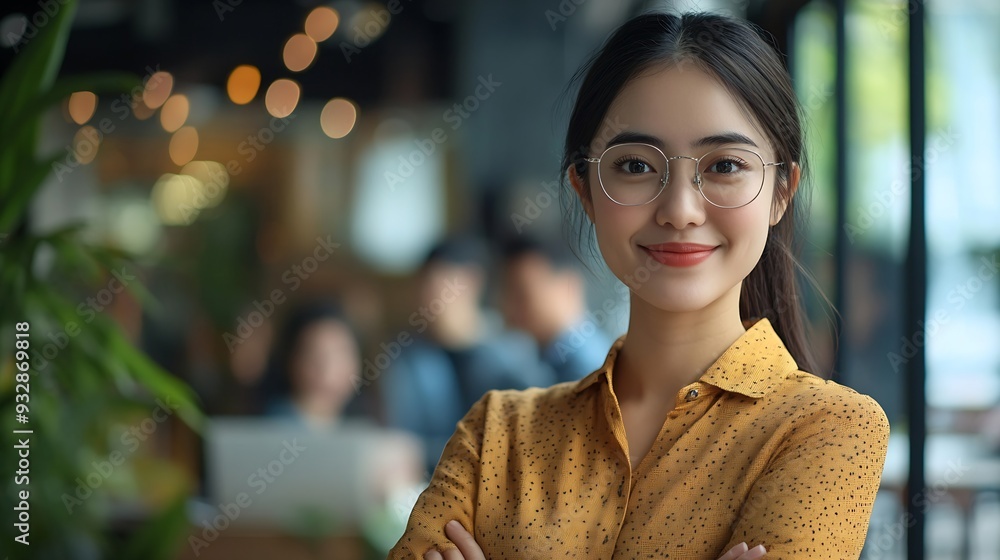 Aufkleber Arms crossed smile and portrait of employee group and creativity of writer female leader and startup Happy team and diversity in business face and people with confidence together and e : Generative AI