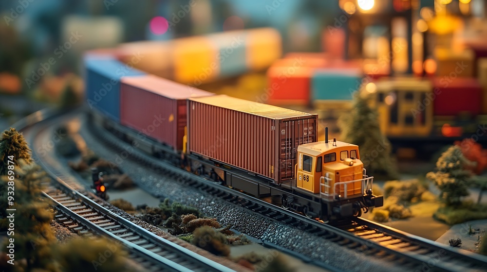 Poster train wagons carrying cargo containers for shipping companies distribution and freight transportatio
