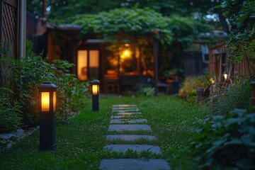 Obraz premium Garden lighting illuminating the way to modern house at dusk