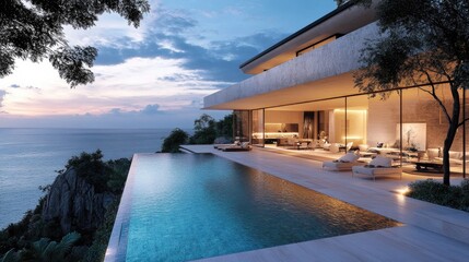 Luxurious infinity pool overlooking tropical ocean at a modern villa