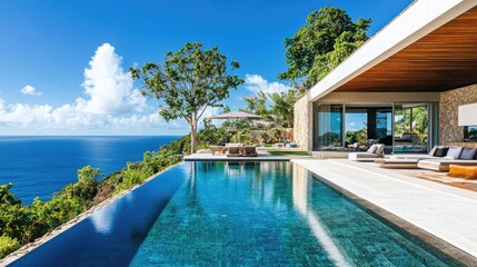 Fototapeta premium Luxurious infinity pool overlooking tropical ocean at a modern villa