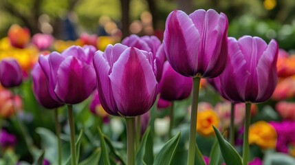 Obraz premium Purple tulips in a garden, vibrant and cheerful, springtime floral display