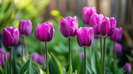 Purple tulips in a garden, vibrant and cheerful, springtime floral display