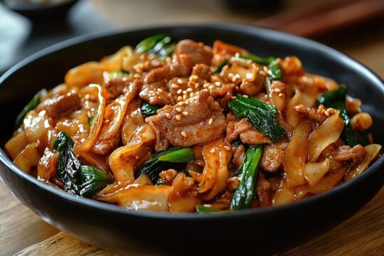 Spicy chicken pad see ew noodles with bok choy in black bowl