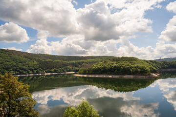 Obraz premium The Urfttalsperre also known as the Urft dam or Urft reservoir at Eifel National Park in North Rhine-Westphalia, Germany