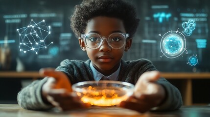 Image of elemental diagrams over african american schoolboy holding petri dish in science class Science chemistry biology school childhood education and learning digitally generated im : Generative AI