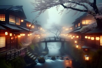 Fototapeta premium Calm and Cultured Japanese Village Enveloped in Mist: A Serene Scenic View Capturing the Essence of Tranquil Rural Japan