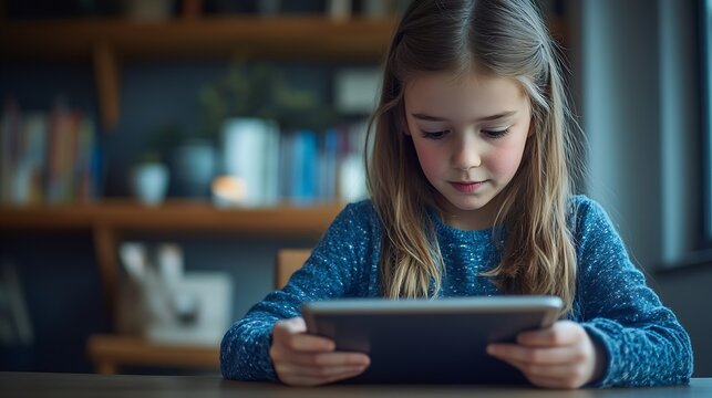 Elementary school girl studying at her desk at home while looking at a tablet PC : Generative AI