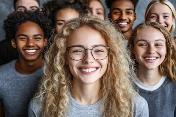 Obraz premium A diverse group of friends with bright smiles radiating joy and positivity celebrating the beauty of multicultural connections and the strength found in unity and shared happiness