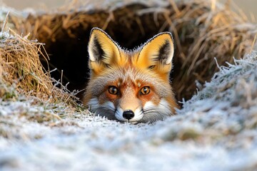 Fototapeta premium A red fox peering from its burrow on a frosty morning, showcasing curiosity and survival instincts, Generated AI
