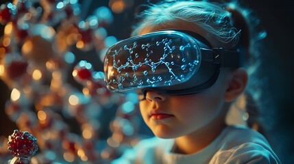 Child Explores Molecular Models with VR Glasses Girl Wearing Reality Headset Interacts with 3D Molecule Immersive STEM Education : Generative AI