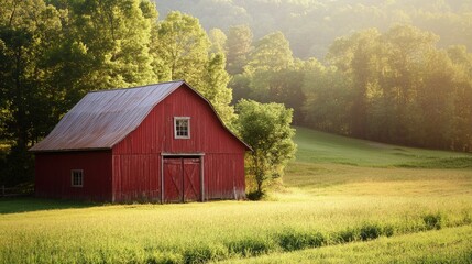 Obraz premium Red barn in a rural landscape, rustic and charming, country life serenity