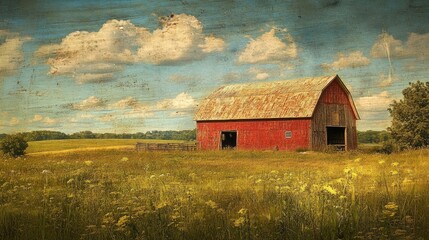 Obraz premium Red barn in a rural landscape, rustic and charming, country life serenity