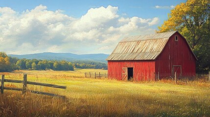 Obraz premium Red barn in a rural landscape, rustic and charming, country life serenity
