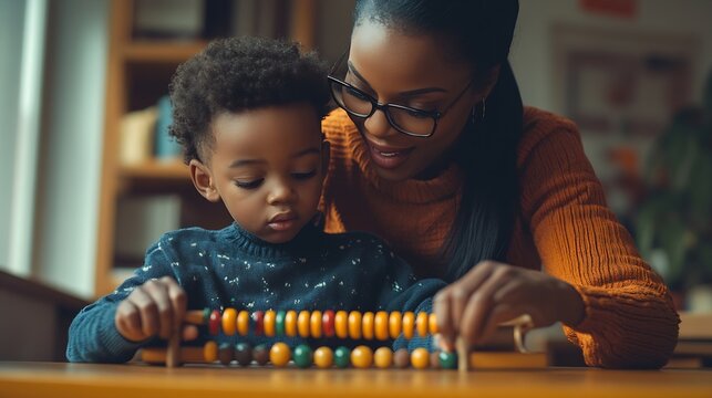 Black female teacher and little boy sitting at desk doing math using abacus early education concept : Generative AI