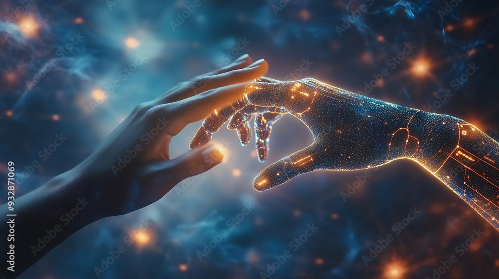 Aufkleber AI Machine learning Hands of robot and human touching on big data network connection background Science and artificial intelligence technology innovation and futuristic : Generative AI