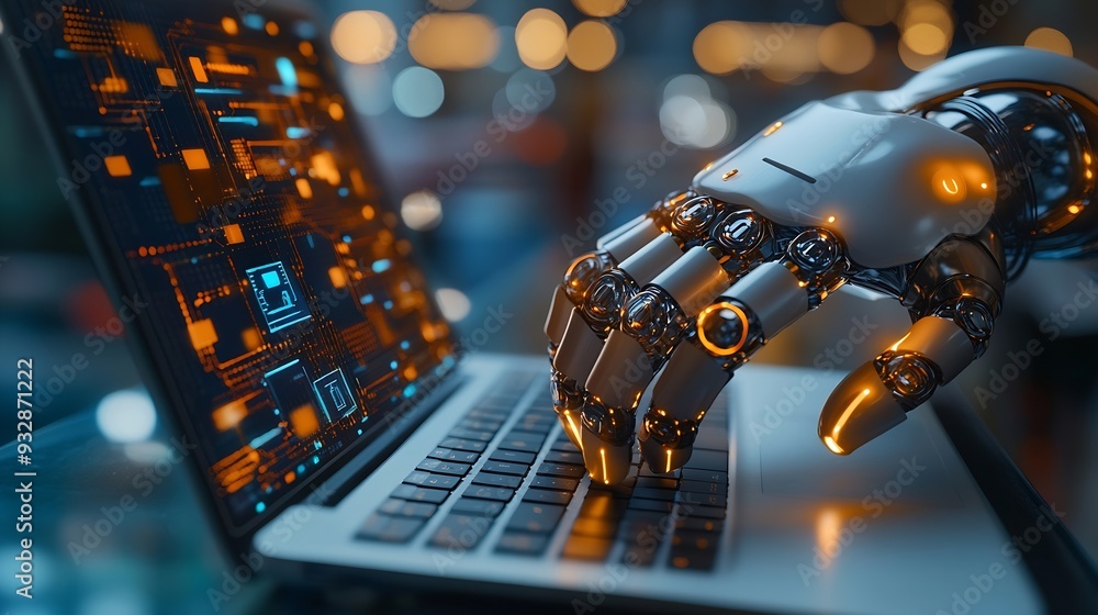 Poster AI technology Artificial Intelligence concept Businessman using the laptop AI Application technology management personal Business data education Banking Futuristic technology transform : Generative AI