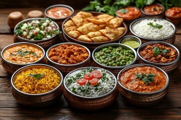 Obraz premium A traditional Indian feast with tricolor dishes. Indian food Curry butter chicken, Palak Paneer, Chiken Tikka, Biryani, Vegetable Curry, Papad, Dal, Palak Sabji, Jira Alu. India Independence Day