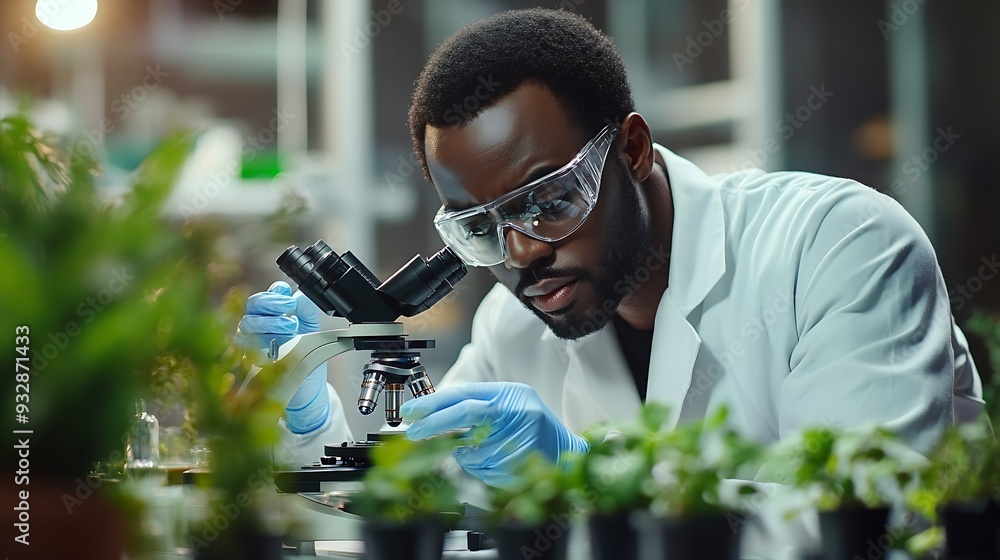 Aufkleber black man scientist and lab with test tube research microscope and focus for agriculture study with 