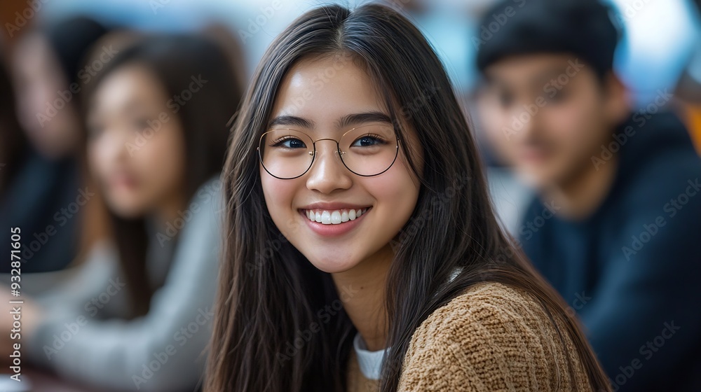Poster university classroom diverse group of young students asian collaborate study together sharing smiles
