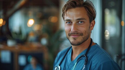 portrait of confident er doctor standing in hospital emergency room handsome doctor in scrubs holding clipboard standing in modern private clinic