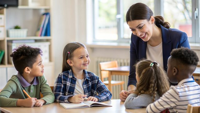 A elementary school teacher engaging with young students in a bright, colorful classroom, promoting early learning.