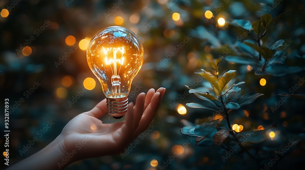 Poster online education course or elearning technology conceptman holding light bulb on virtual screen trai