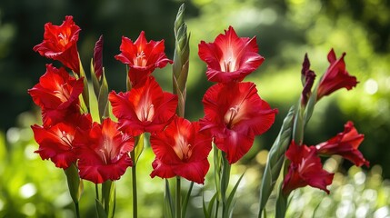 Obraz premium Red gladiolus flowers in a garden, bold and beautiful, summer floral display
