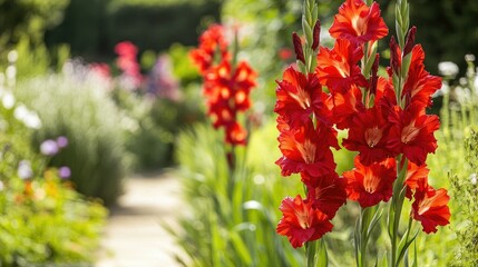 Obraz premium Red gladiolus flowers in a garden, bold and beautiful, summer floral display