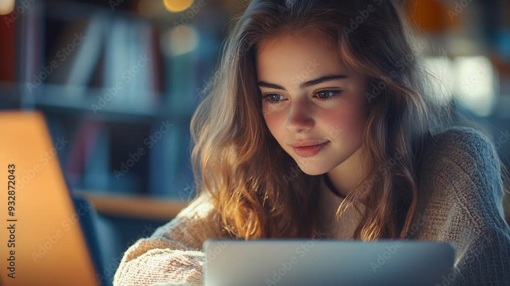Aufkleber student laptop and portrait in classroom writing notes for college course test and campus work femal