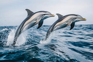 Obraz premium Dolphins joyfully leaping in the open ocean, captured mid-air, showcasing playfulness and marine life, Generated AI