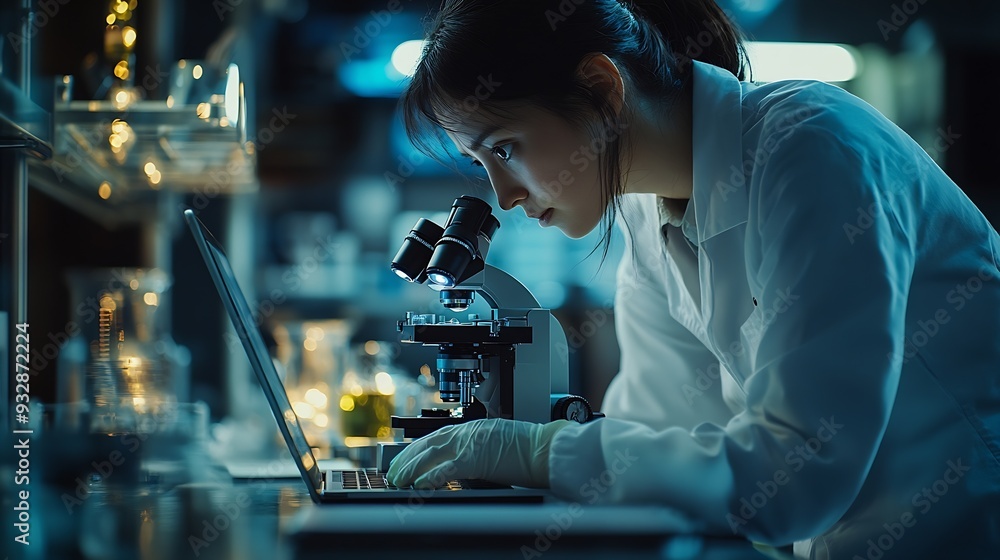 Poster science microscope and laptop in lab with research for sample analysis medical experiment or dna tes