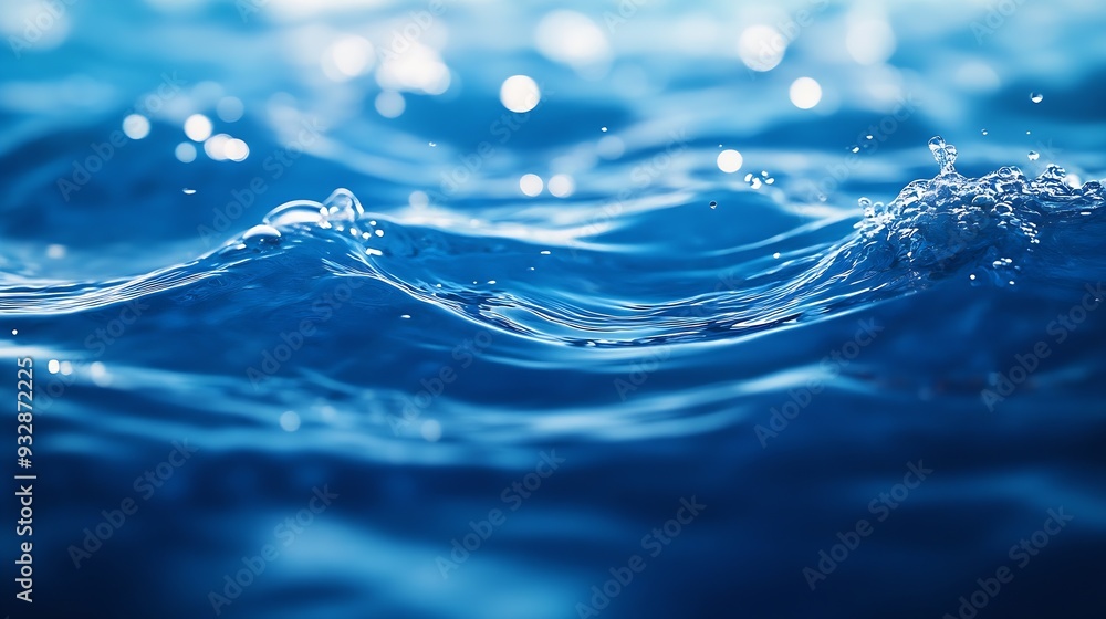 Aufkleber Blue water with ripples on the surface Defocus blurred transparent blue colored clear calm water surface texture with splashes and bubbles Water waves with shining pattern texture back : Generative AI