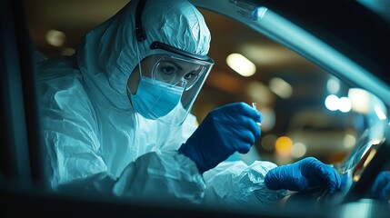 Forensic investigation and photography of evidence in crime scene car for accident burglary and research analysis Science csi and photographer with pictures in transport vehicle for ob : Generative AI