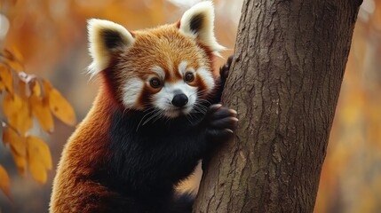 Fototapeta premium Red panda climbing a tree, cute and endangered, wildlife conservation effort