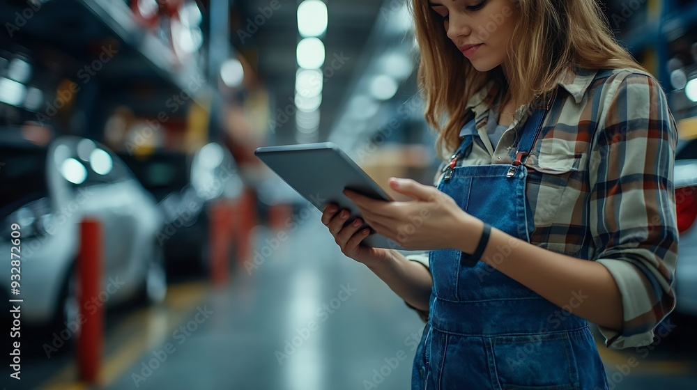 Aufkleber Female professional using tablet quality checking car parts worker in warehouse Supervisor importexport shipping transportation logistic business factory concept : Generative AI