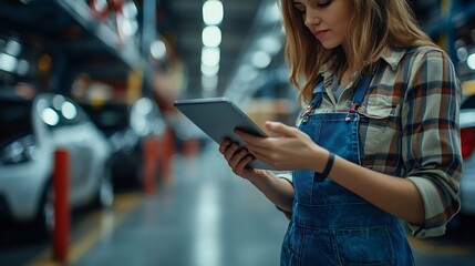 Female professional using tablet quality checking car parts worker in warehouse Supervisor importexport shipping transportation logistic business factory concept : Generative AI